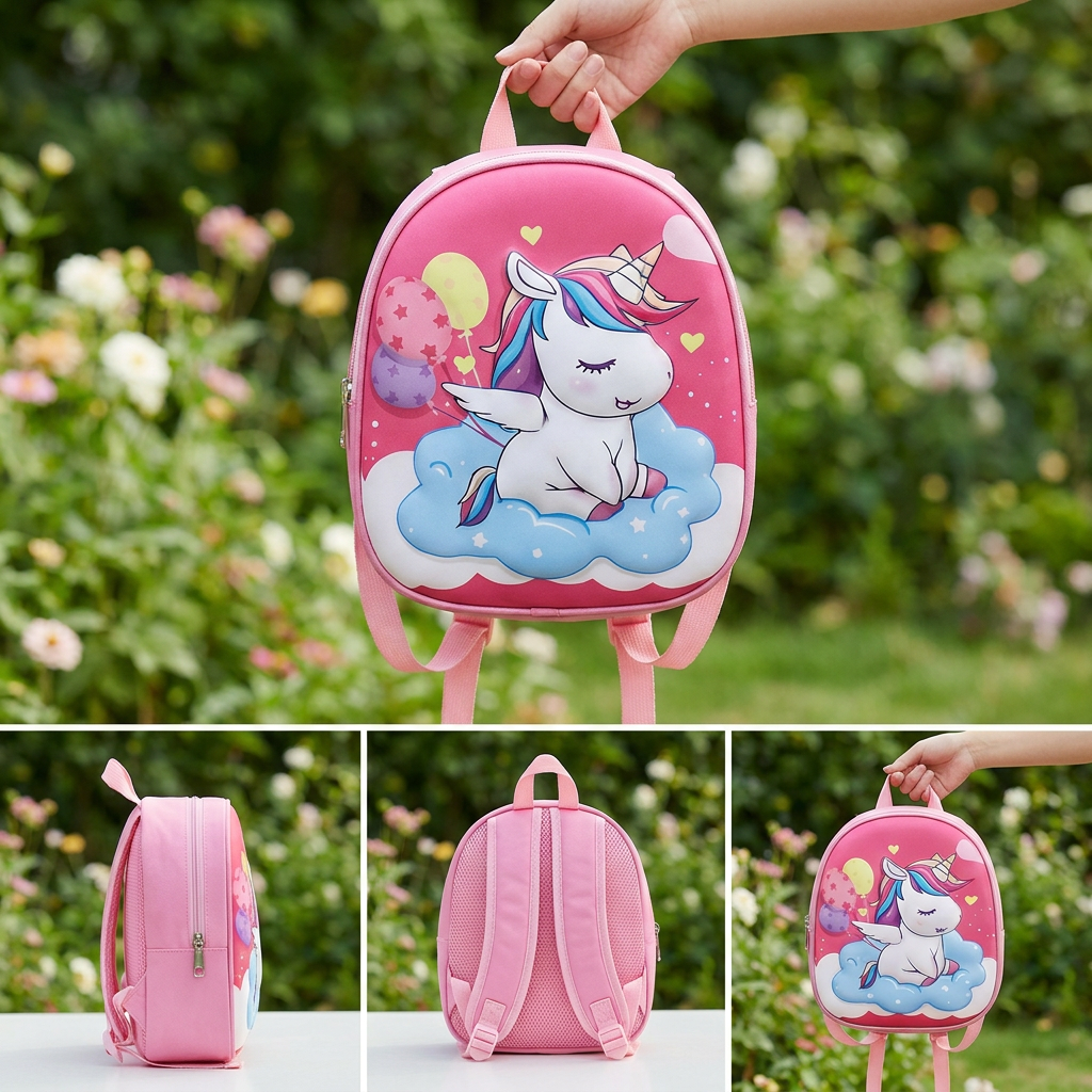 Dark Pink kids shell backpack collage with sleeping unicorn on blue clouds, balloon artwork, top handle and adjustable padded straps.