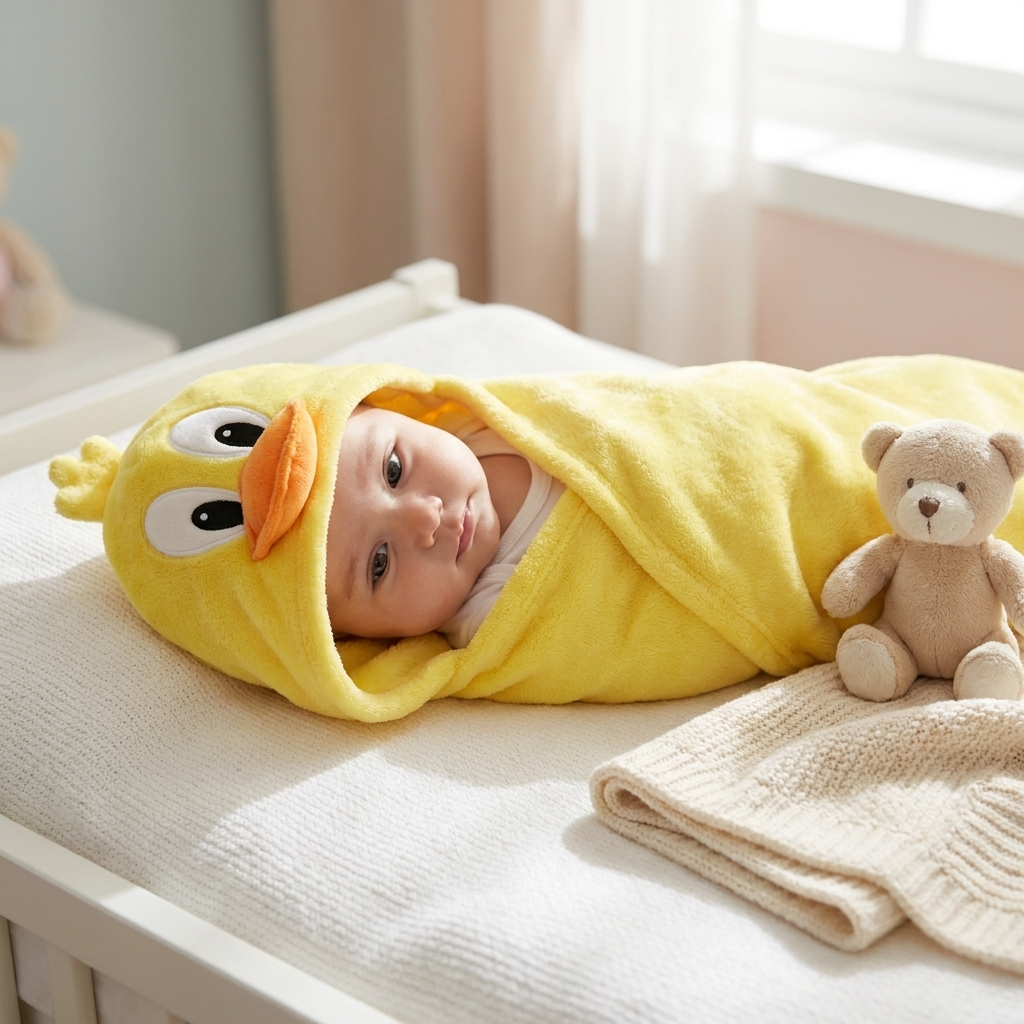 Baby wrapped in a bright Yellow plush-look duck hooded swaddle shawl on a nursery bed, with large eyes and an Orange bill on the hood