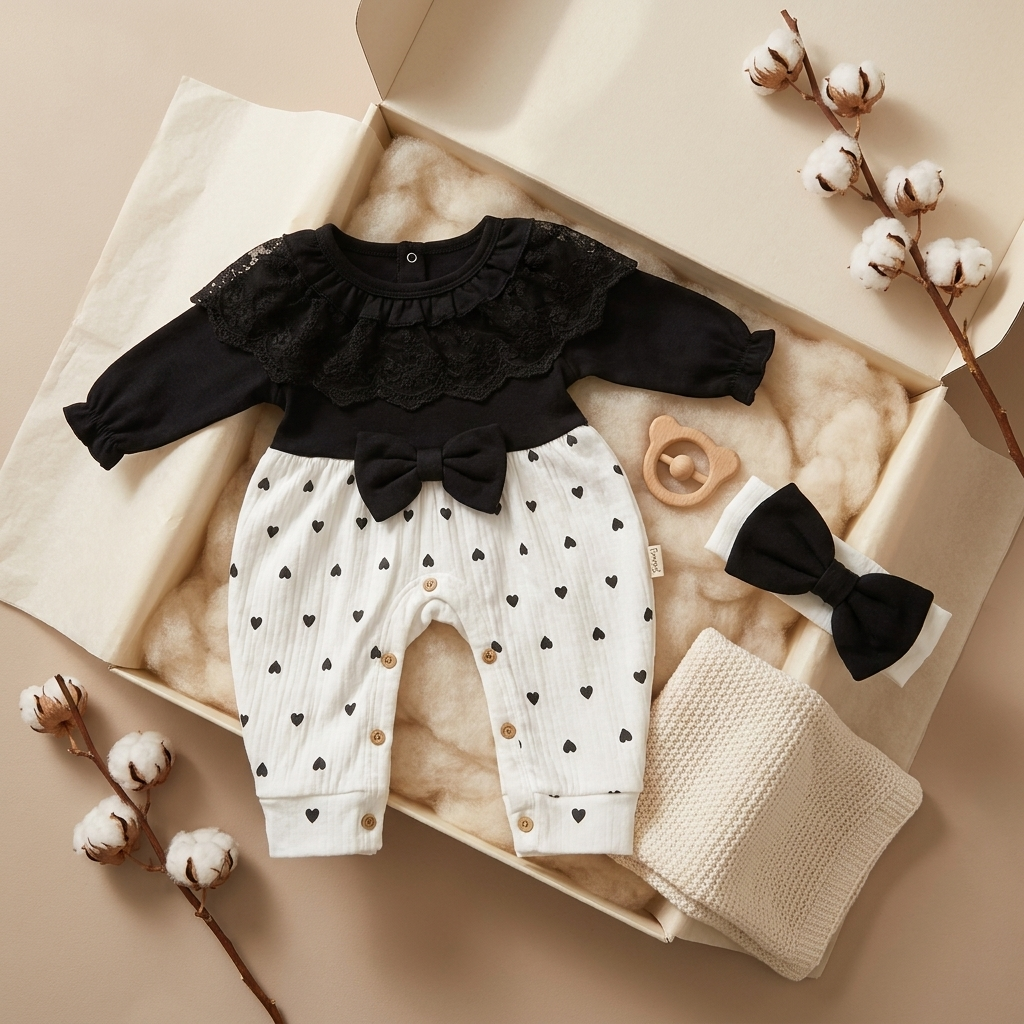 Flat-lay gift-box presentation of the Black and Cream heart-print romper with Black lace-look chest ruffle, waist bow and matching bow headband.