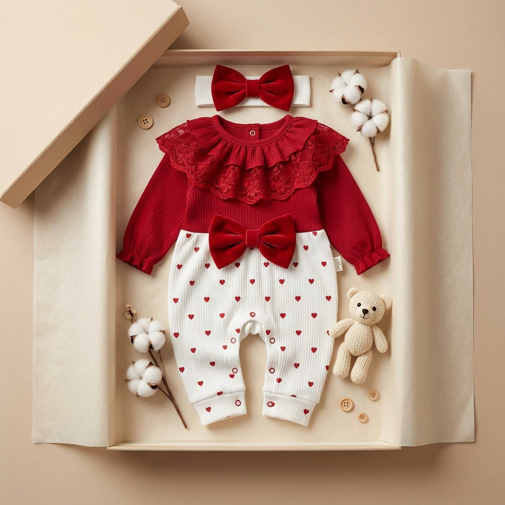 Flat-lay gift-box presentation of the Red and Cream heart-print romper with large waist bow, floral lace-look ruffle yoke and matching bow headband.