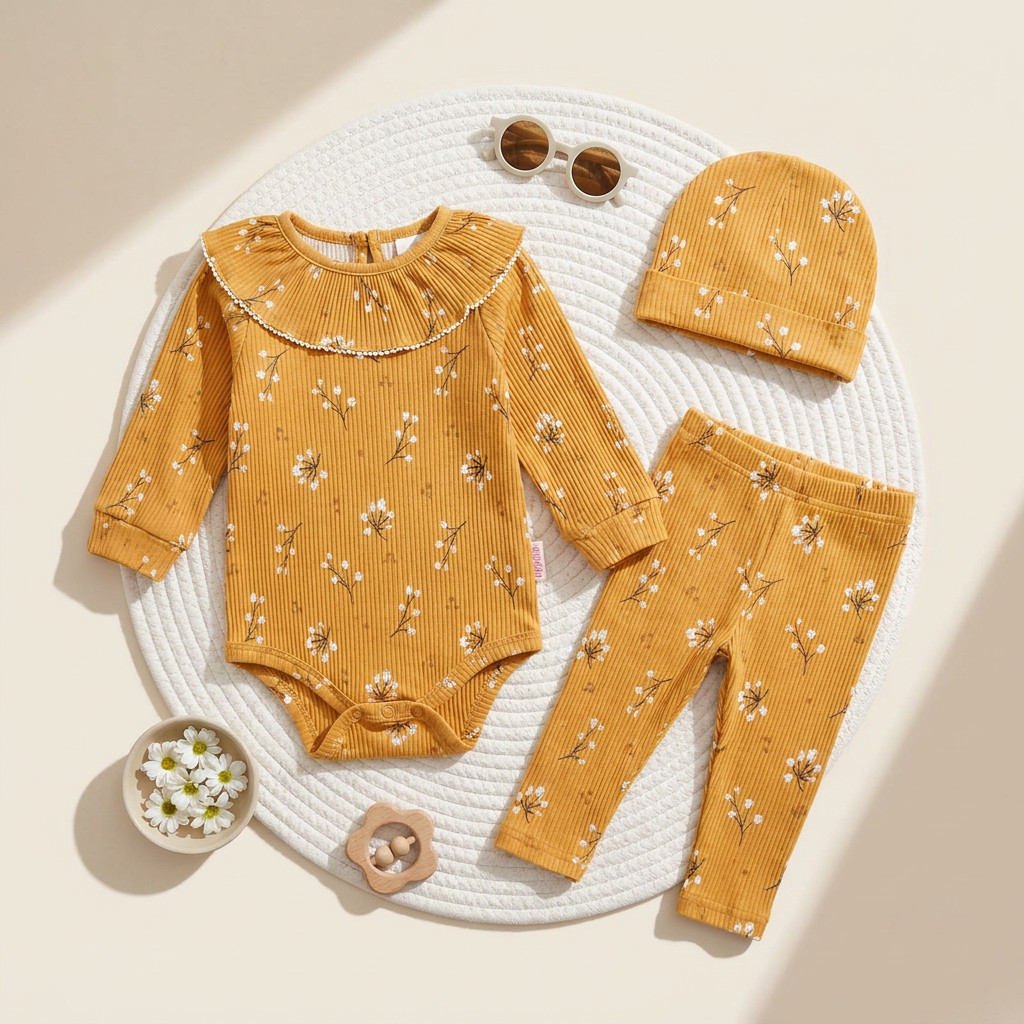 Flat lay of the Mustard floral 3pc baby set showing the ribbed long-sleeve ruffle-collar bodysuit, elastic-waist trousers and matching cap.