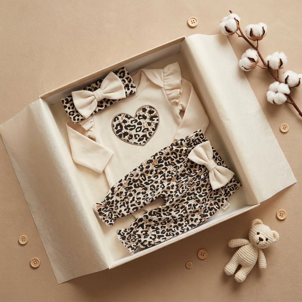 Beige baby leopard heart 3-piece outfit displayed in a gift box, showing the ruffle bodysuit, bow-waist leopard trousers and matching bow headband.
