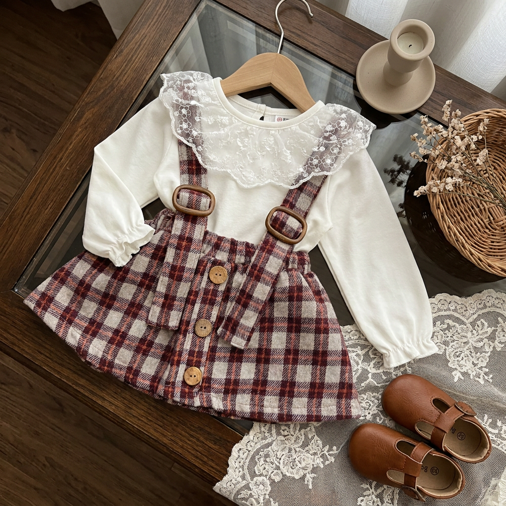 White lace-collar long-sleeve shirt with a Purple and Cream check dungaree skirt, displayed flat with buckle straps and three front buttons.