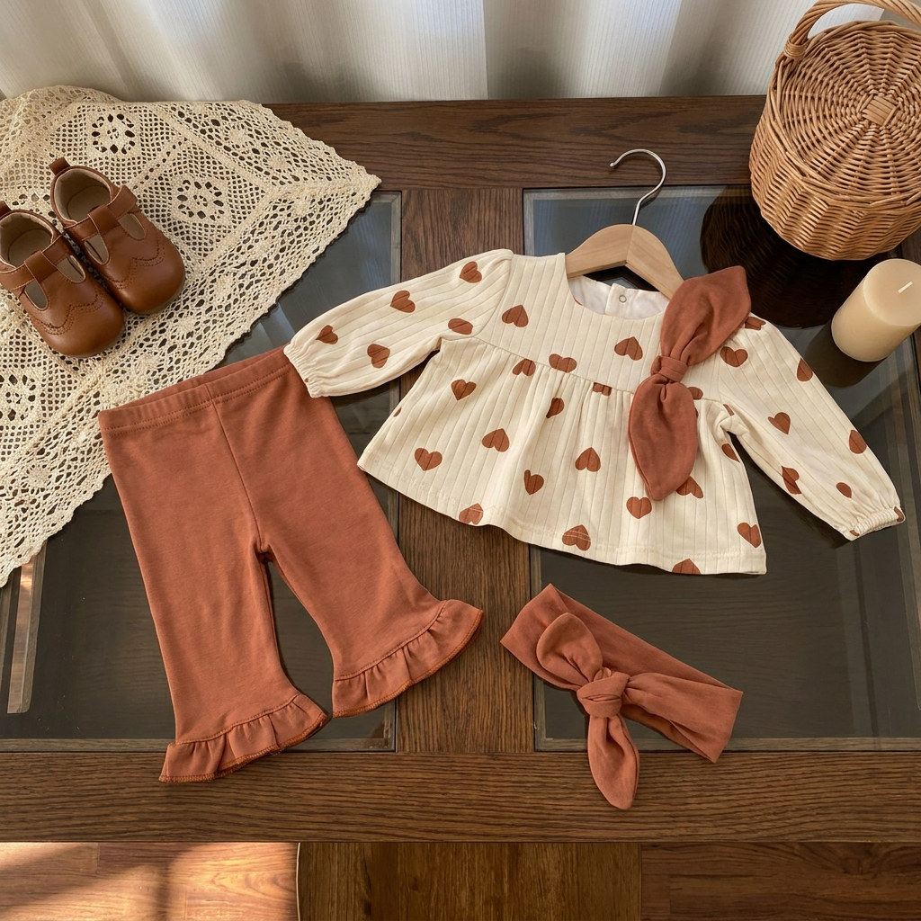 Baby Brown Heart Print Frock, Trouser & Headband 3PC Set