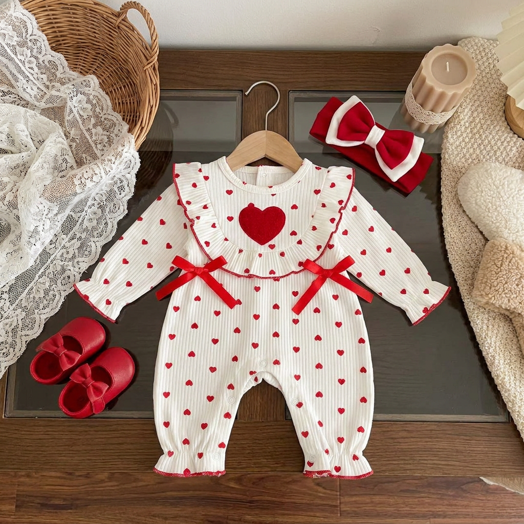 Flat lay of the Cream ribbed-look Red heart-print baby romper with layered ruffle chest, raised heart applique, Red waist bows and matching bow headband.