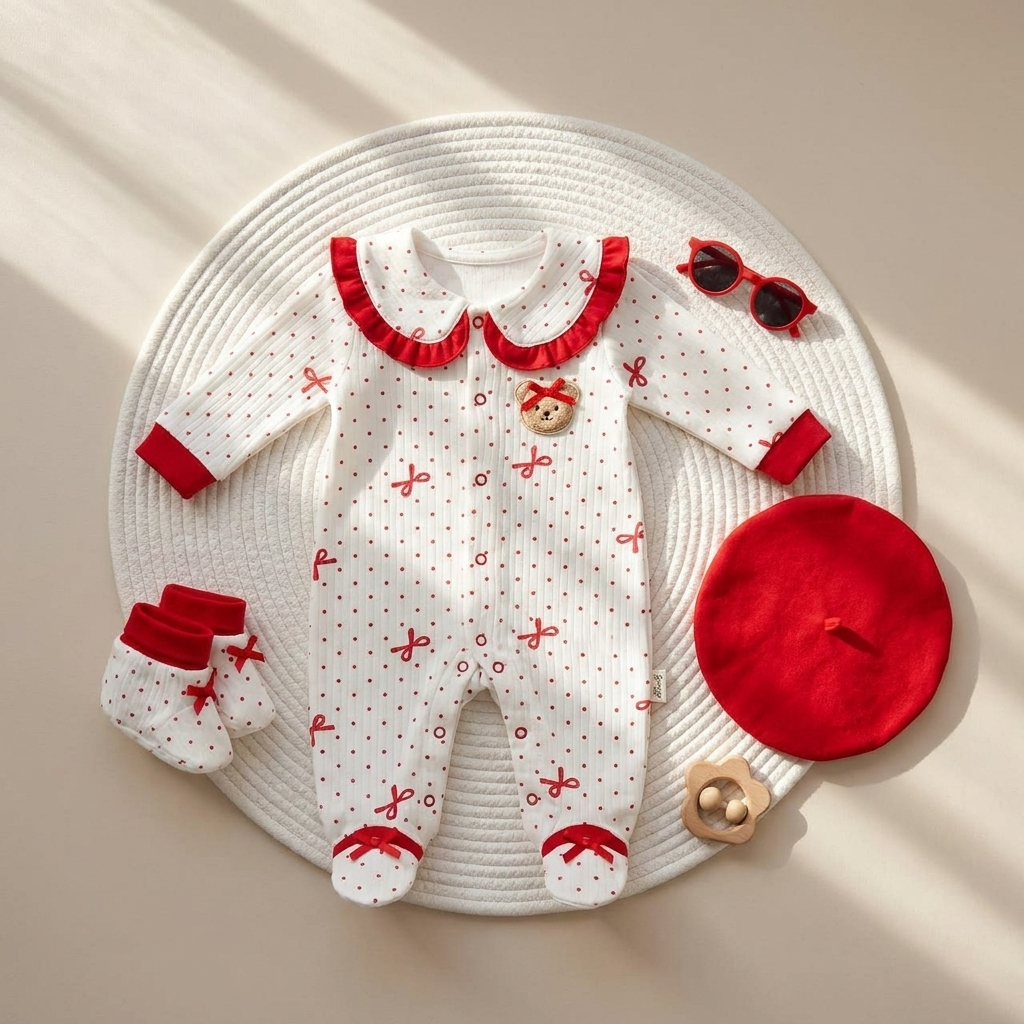 Cream full-length baby romper laid flat with Red bow print, ruffled Red-trim collar, bear chest applique, enclosed feet and matching Red beret cap.