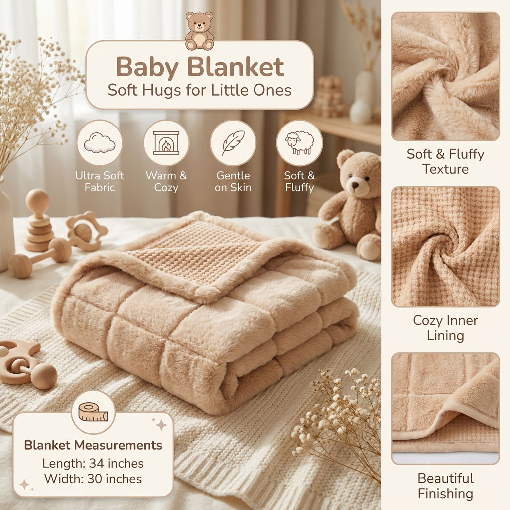 Brown fluffy soft baby blanket shown folded in a nursery-style setting, with plush outer texture, textured inner lining and 34 x 30 inch measurement details.