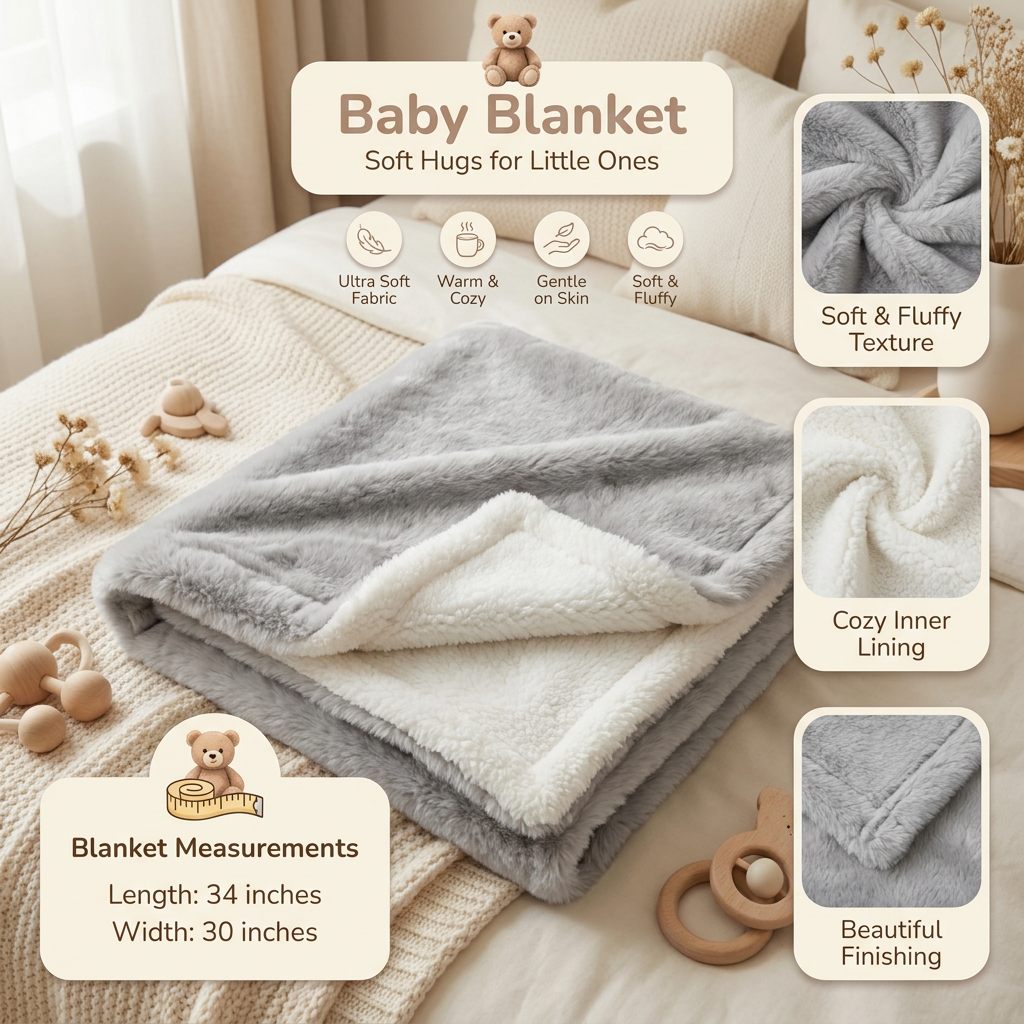 Grey baby shaggy soft blanket folded on a nursery bed, showing the White fluffy inner lining and 34 x 30 inch measurement graphic.