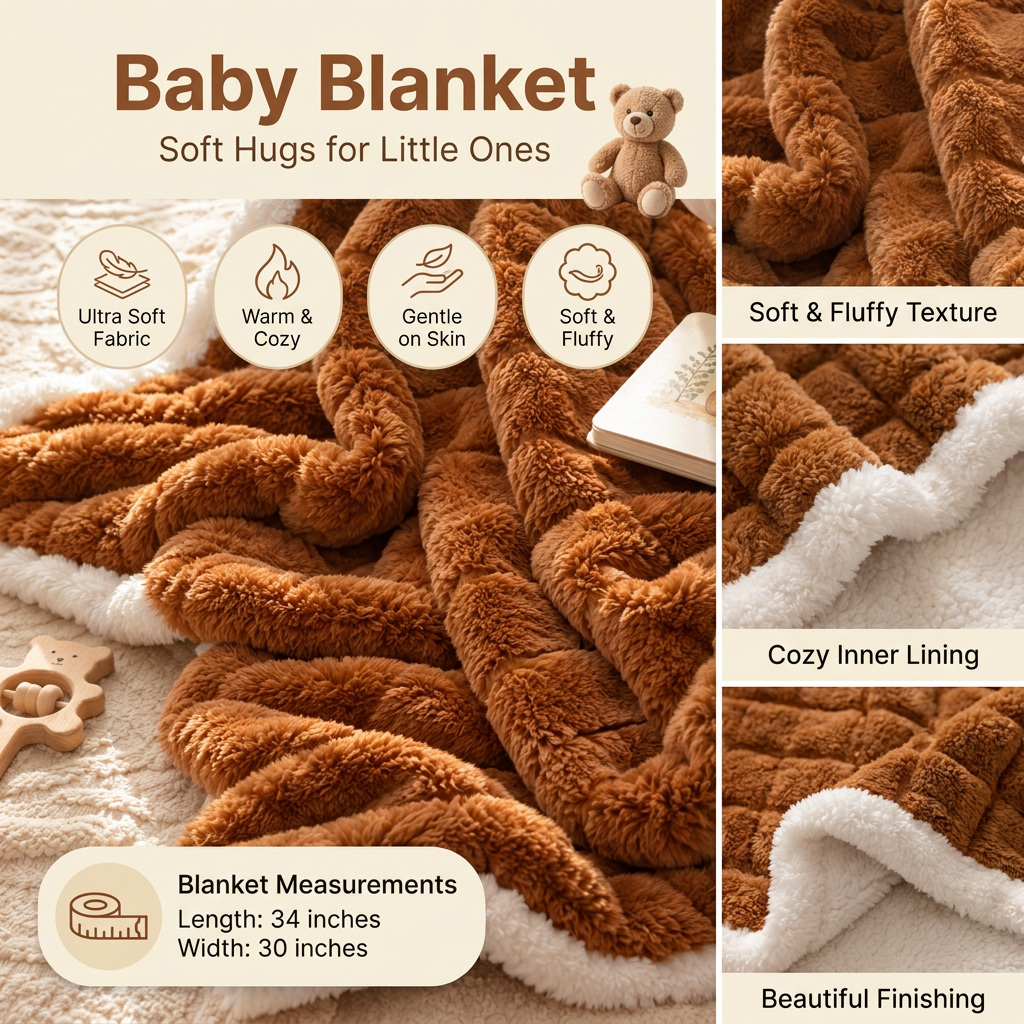 Brown soft and fluffy baby blanket information image showing its textured outer, Cream inner lining, finished edge and 34 x 30 inch measurement.