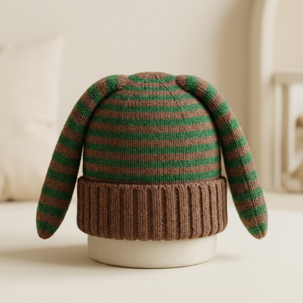 Green and Brown striped bunny ear winter cap displayed upright, showing its long floppy striped ears and wide ribbed Brown fold-over cuff.