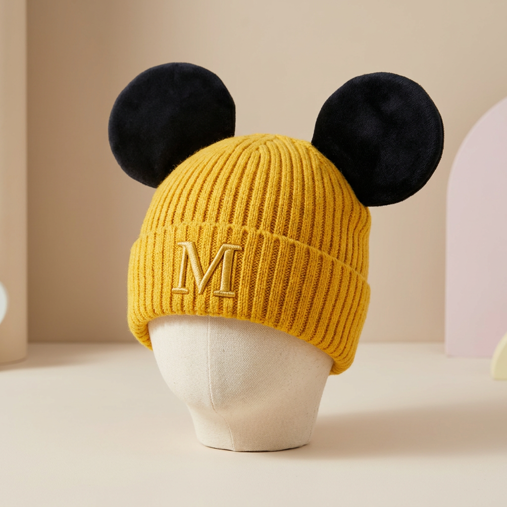 Yellow ribbed baby winter beanie displayed on a neutral mannequin head, featuring oversized Black rounded ears and a raised M applique on the fold-over cuff.
