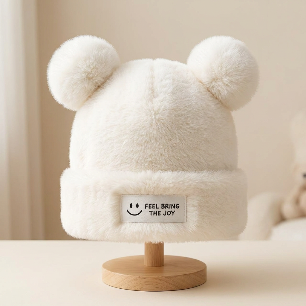 White fuzzy baby bear-ear pom pom cap displayed on a wooden stand, showing the fold-over cuff and rectangular “FEEL BRING THE JOY” patch.