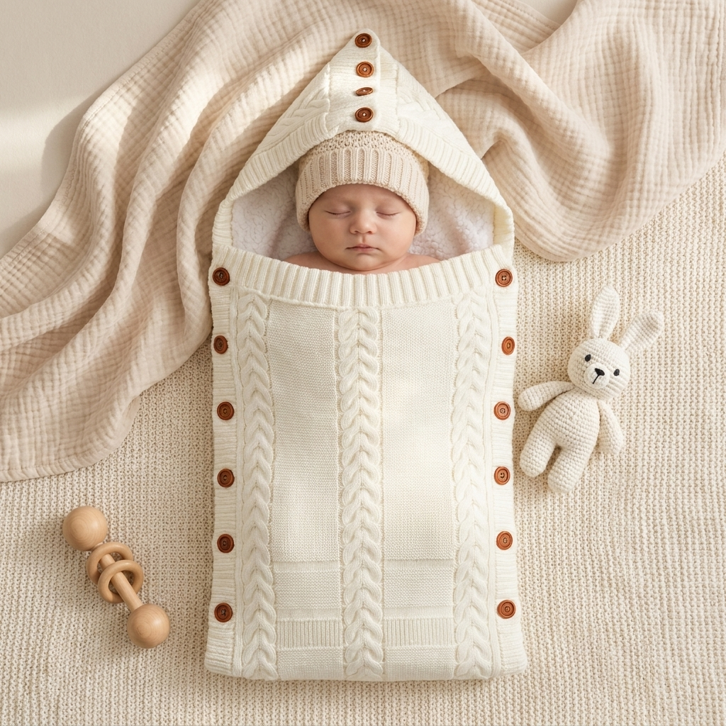 Cream cable-knit hooded baby swaddle shown wrapped around a sleeping newborn, with Brown side buttons, White lining and pointed hood.