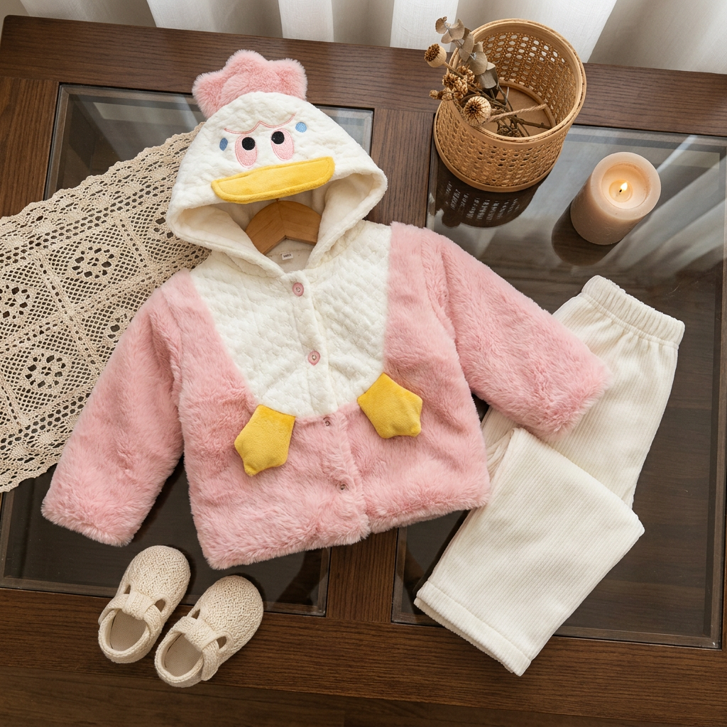 Pink baby duck hooded plush jacket with Cream ribbed trousers displayed flat, featuring a fluffy Cream duck face, Pink bow detail and Yellow beak.