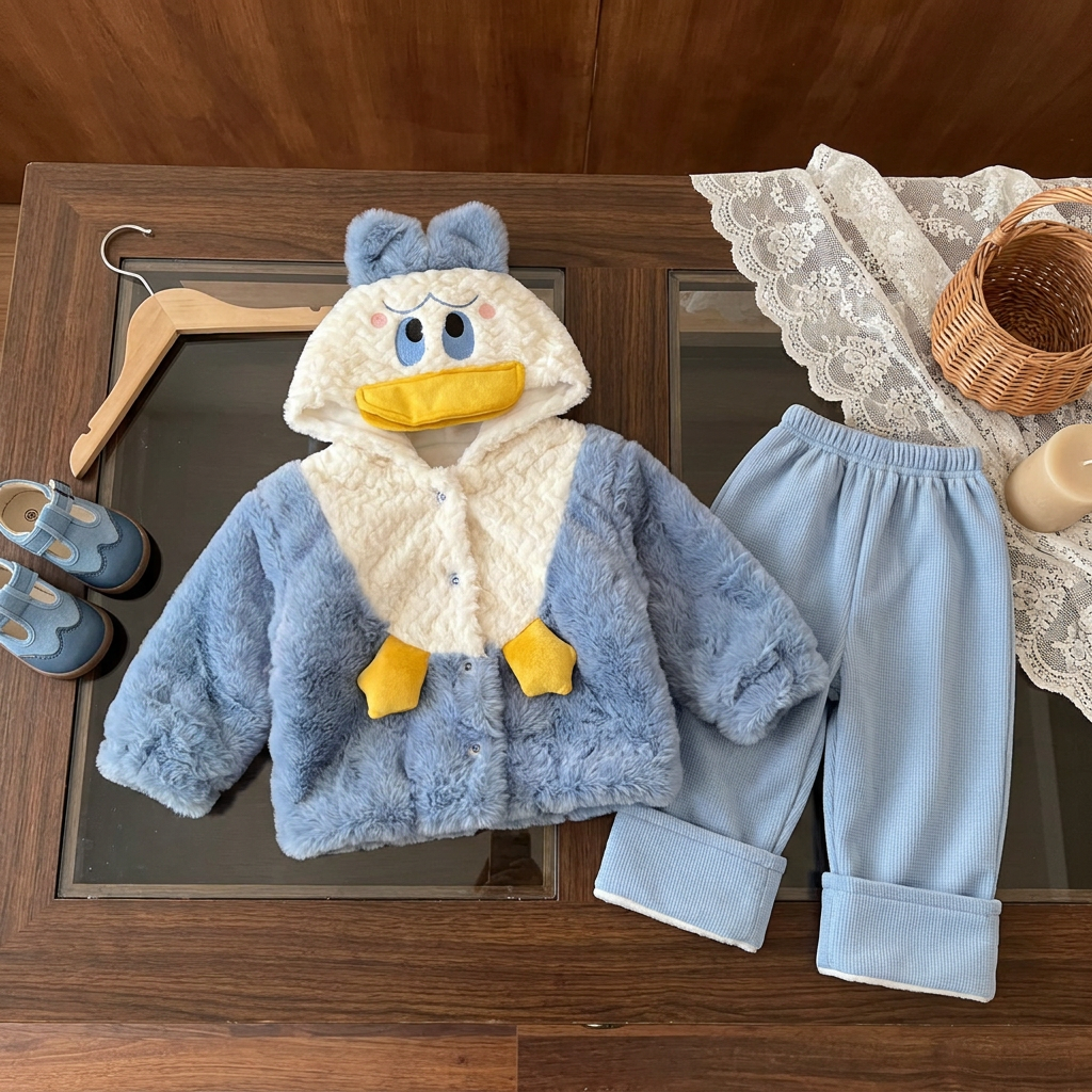 Blue baby duck hooded plush jacket and matching light Blue ribbed trouser 2pc set laid flat, featuring a Cream duck-face front, Yellow beak and feet.