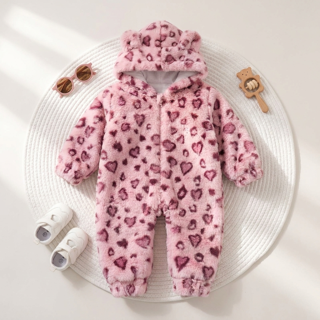 Pink baby shaggy hooded romper displayed flat on a round cream rug, finished with raised hood ears and an all-over deep Pink heart and spotted print.