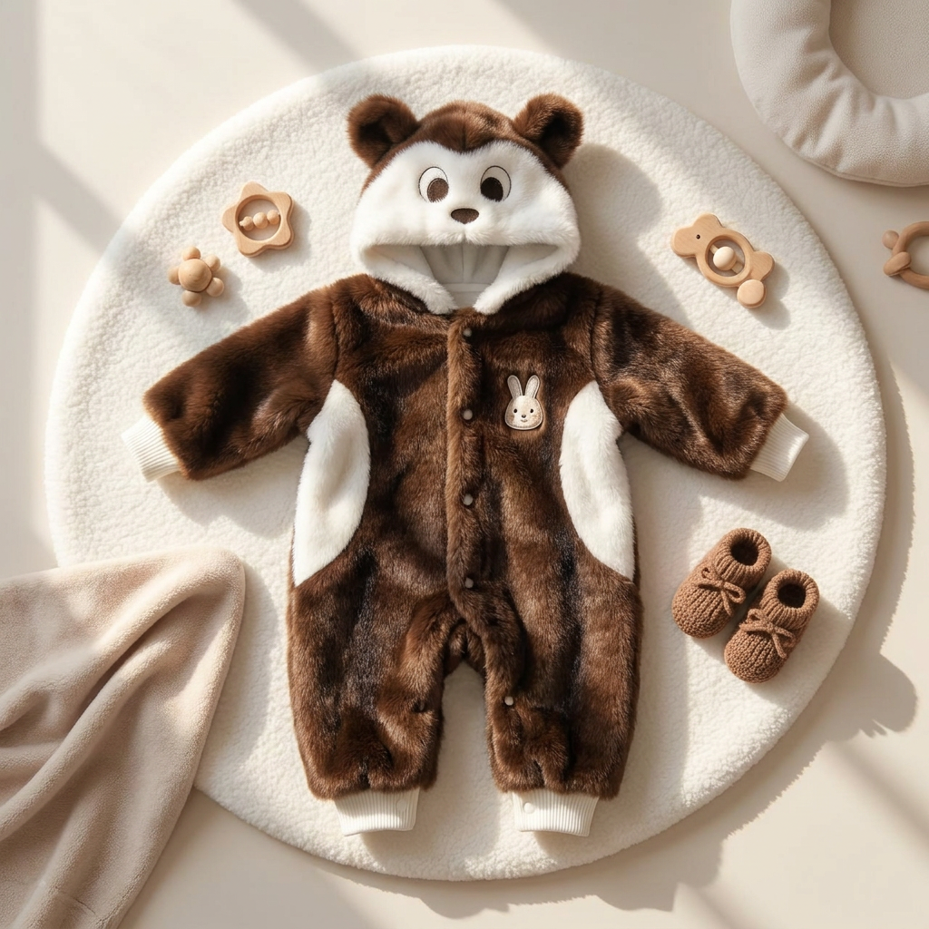 Brown fluffy newborn hooded romper displayed flat on a cream mat, with a White animal-face hood, rounded ears, Cream side pockets, bunny chest applique and button front.