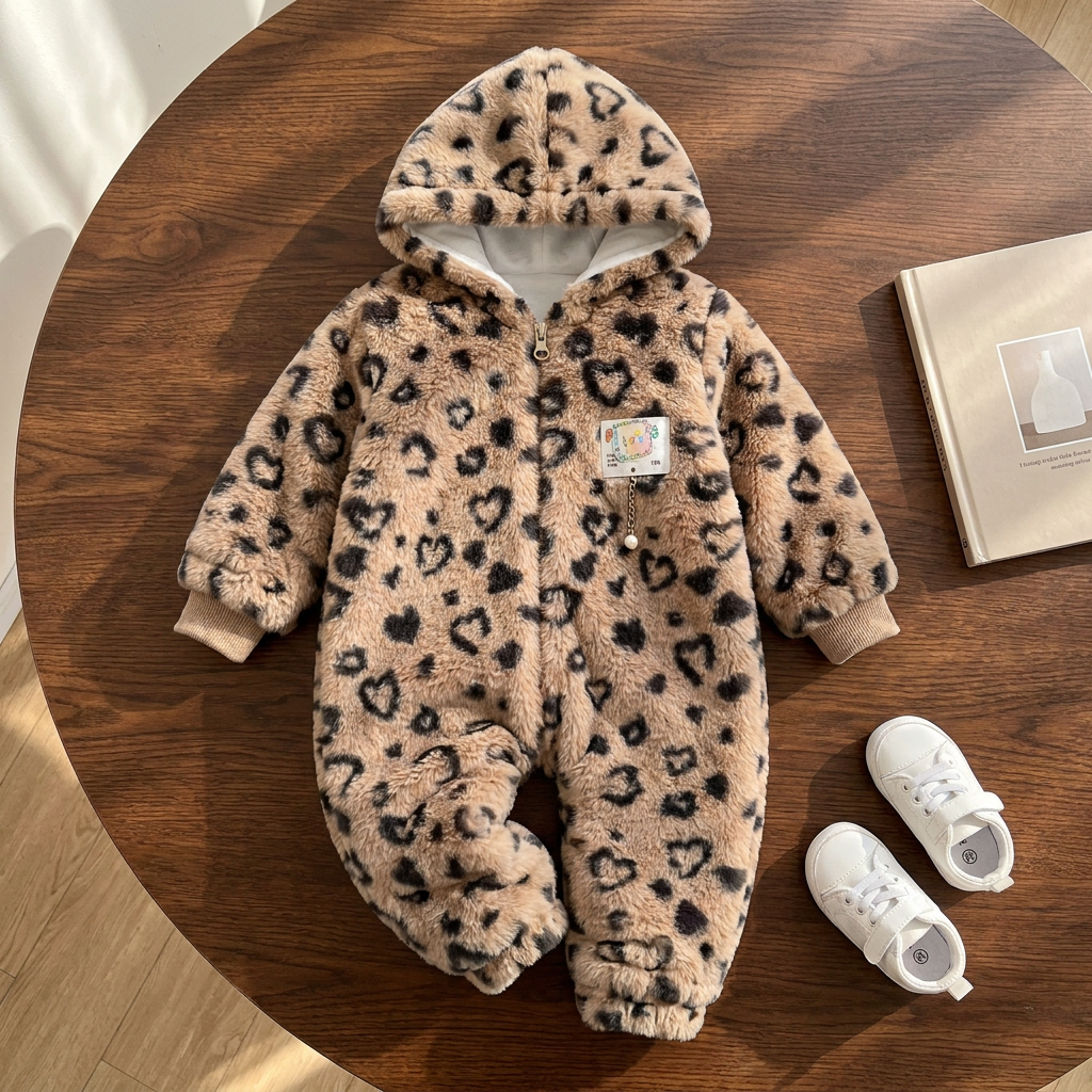 Brown leopard-inspired shaggy baby hooded romper laid on a wooden table, showing Black spotted print, ribbed sleeve cuffs, front opening and small chest patch.