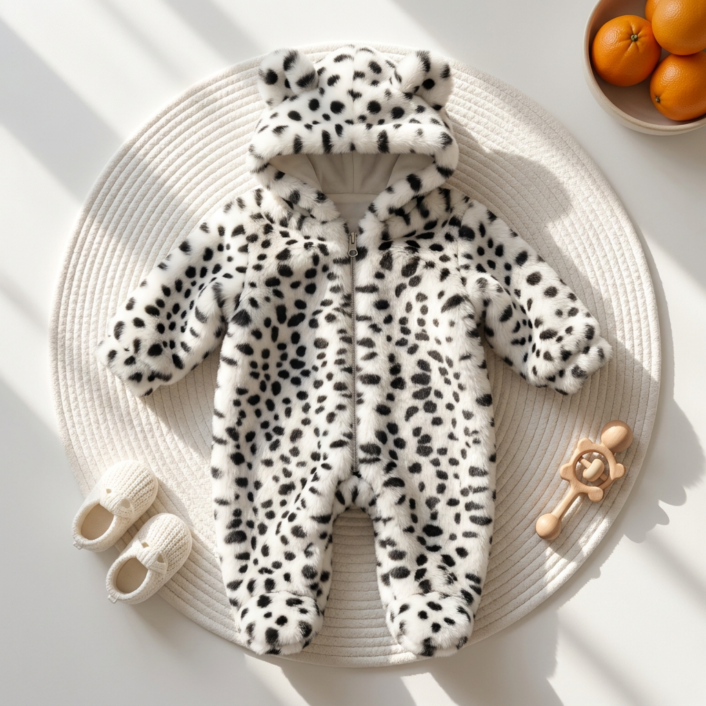 White baby shaggy hooded romper laid flat on a round cream rug, featuring Black animal-inspired spots, rounded hood ears and a centre-front opening.