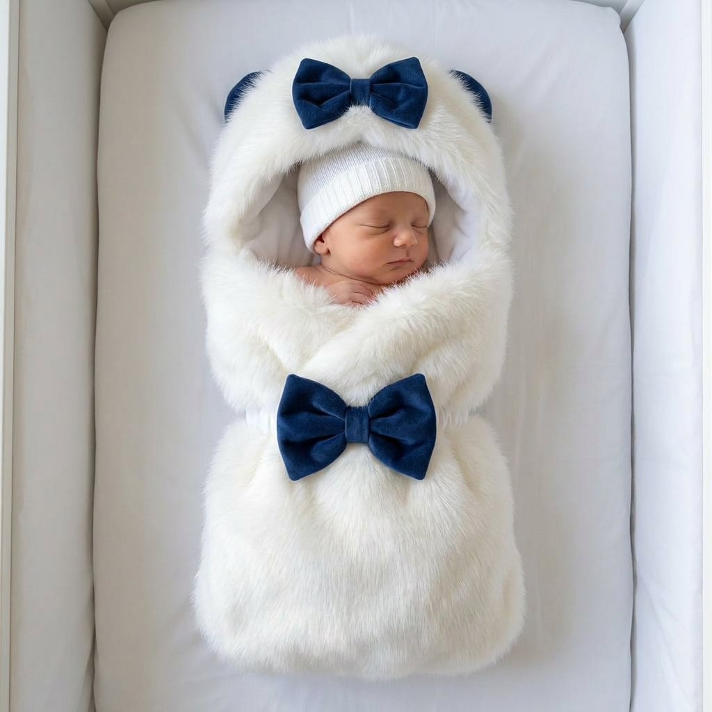 Newborn shown sleeping inside an Ivory-white fluffy bear-ear carry nest, with a Navy Blue bow on the hood and matching bow at the overlapping front.