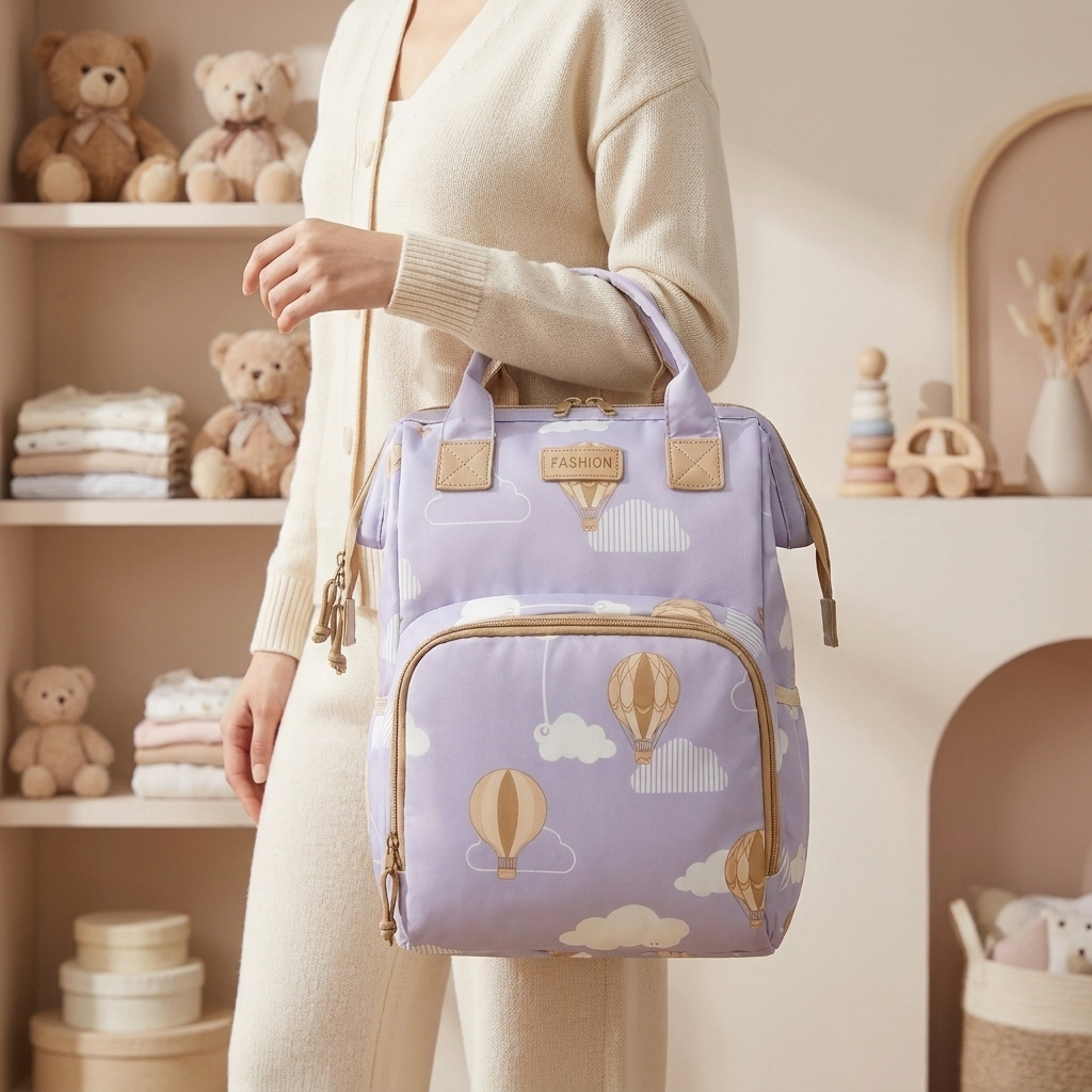 Purple hot air balloon print mommy bag carried by hand in a nursery setting, showing its structured backpack shape and gold-tone zip details.