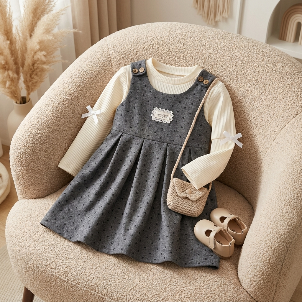 Grey polka dot pinafore frock and White long-sleeve shirt set, displayed with the chest patch, buttoned shoulder straps and softly flared skirt visible.