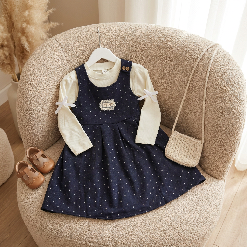 Blue polka dot pinafore frock with White ribbed-look shirt, featuring small sleeve bows, two shoulder buttons and a gathered skirt.