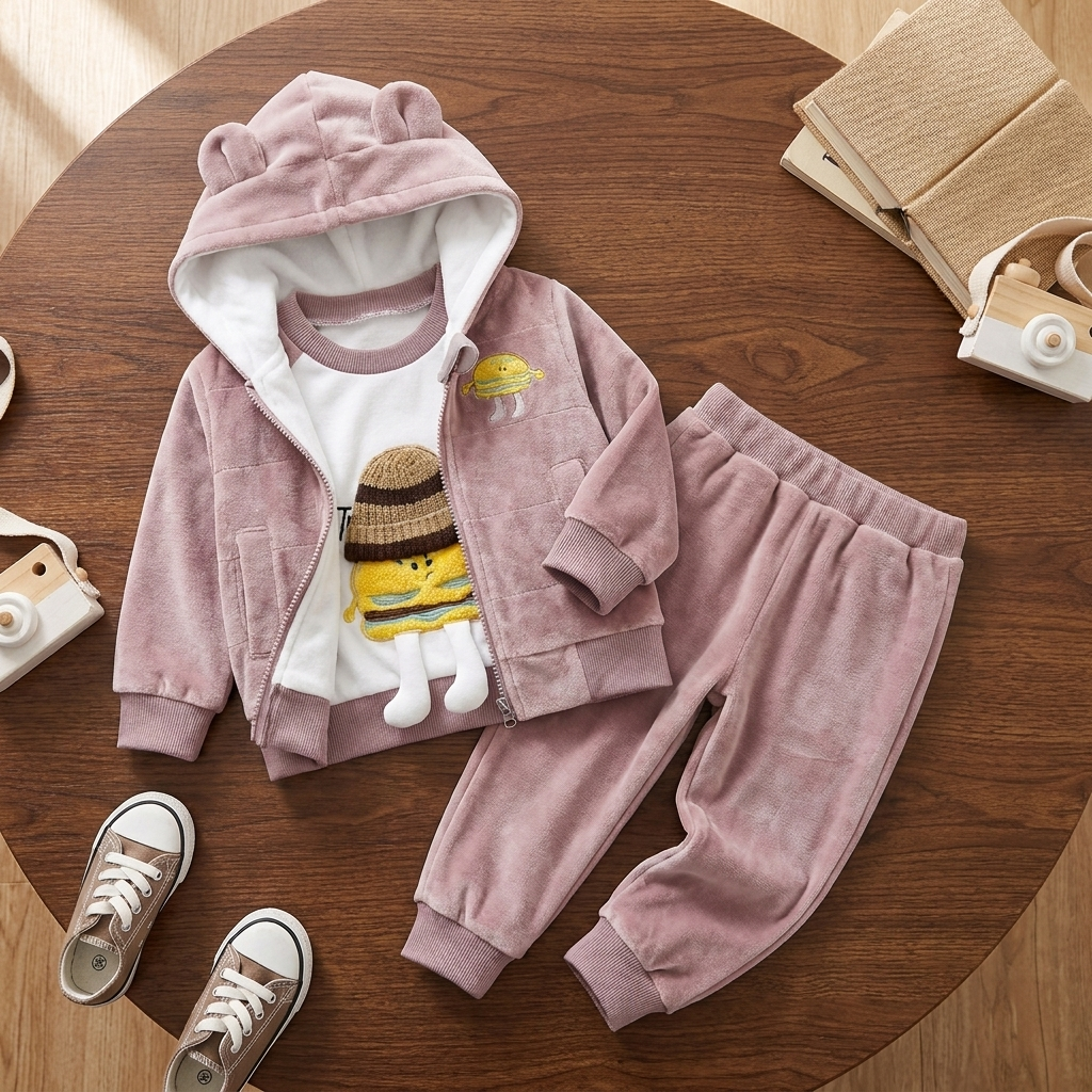 Pink kids three-piece velvet jacket and trouser set in a styled flat lay, with a light character-print top and rounded ear hood.