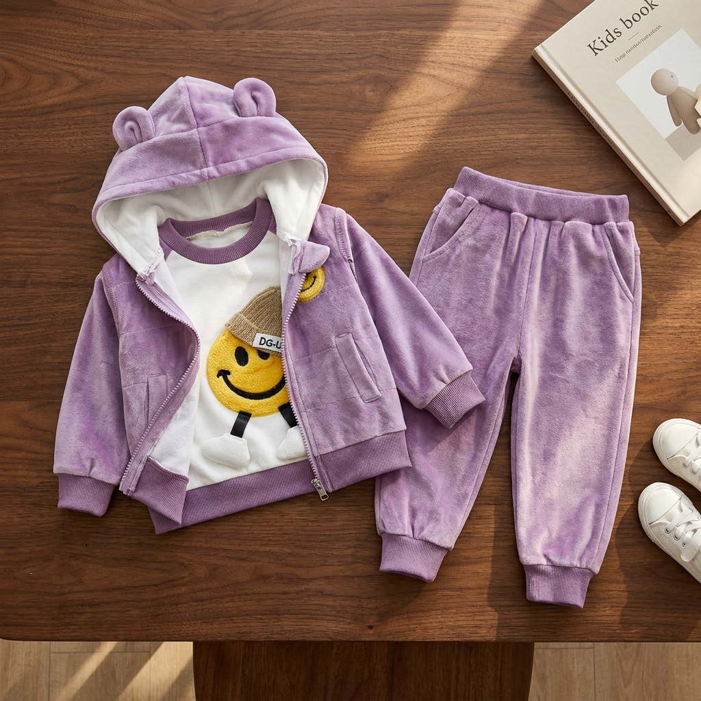 Purple kids 3-piece velvet outfit flat lay showing the raised bear-ear hood, White smiley-face top and matching Purple cuffed trousers.