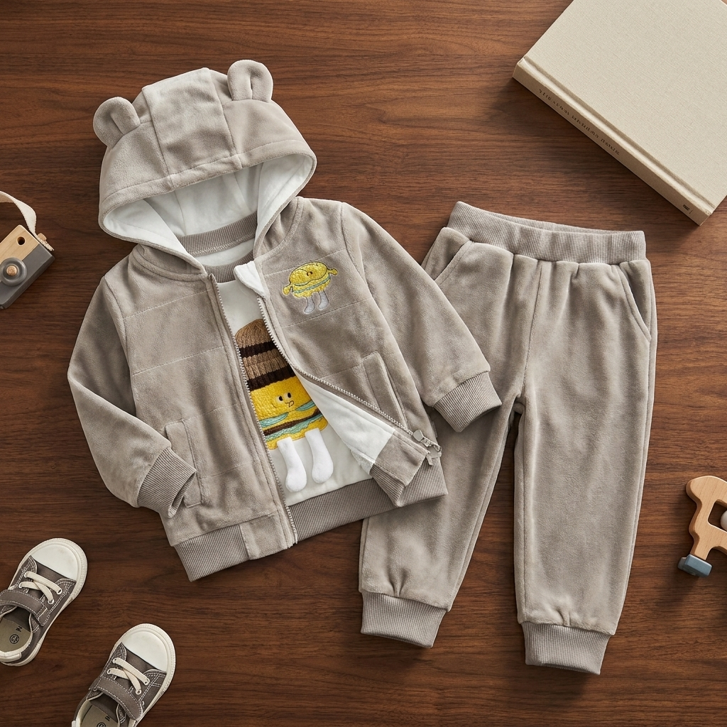 Olive Green kids velvet 3pc suit flat lay featuring an ear-detail hooded jacket, raised character chest top and elastic-waist cuffed trousers.