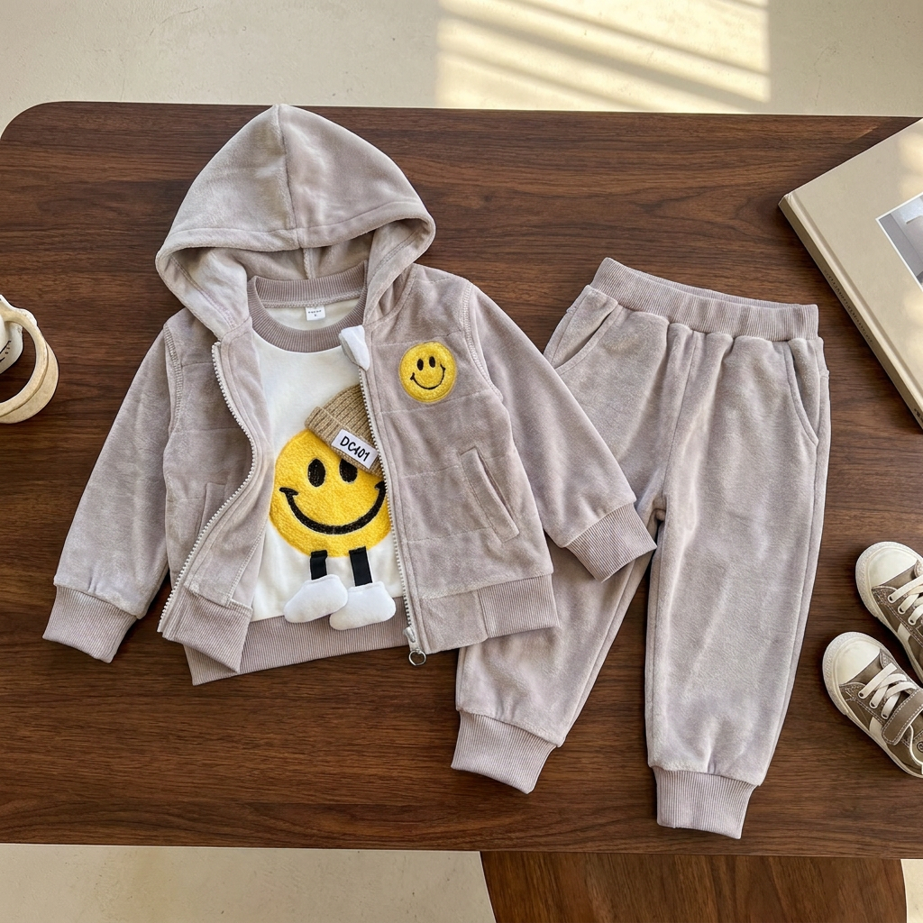Beige kids 3-piece velvet suit laid flat, featuring a hooded zip jacket, Yellow smiley applique top and matching cuffed trousers.
