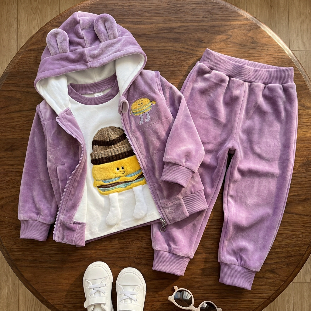 Purple kids velvet 3pc suit displayed on a wooden table, showing the upright ear hood, zip jacket, character top and pocket trousers.