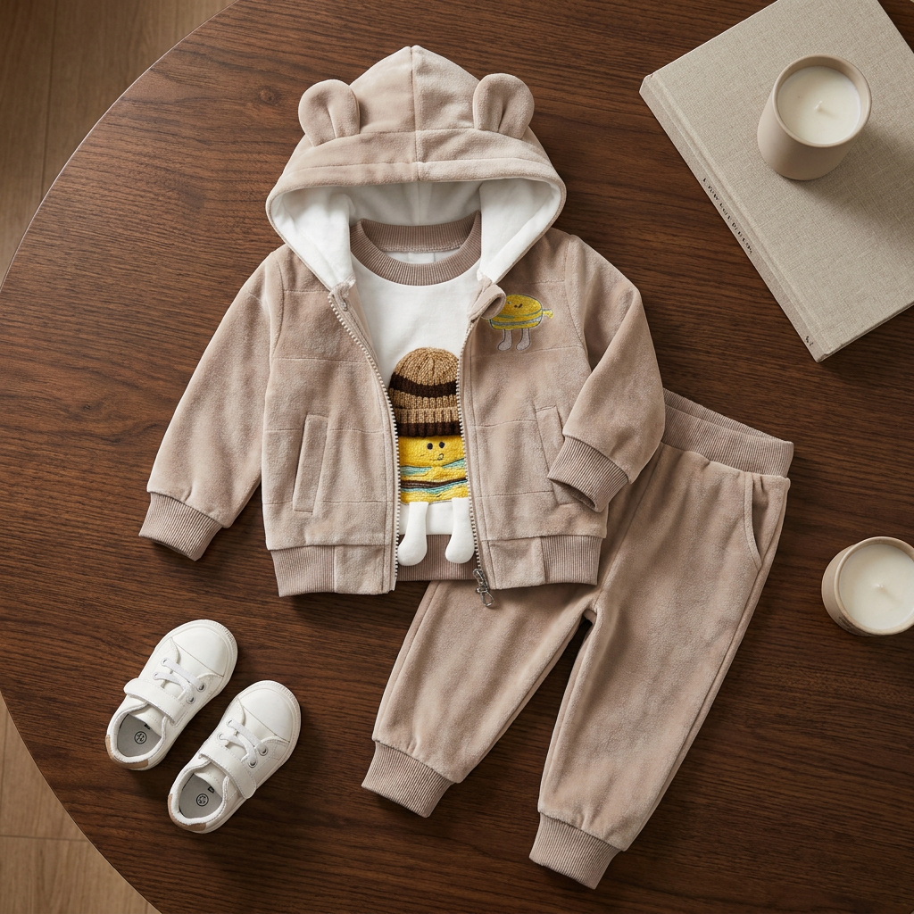 Beige kids three-piece velvet suit flat lay with an ear-detail hooded zip jacket, character applique top and matching cuffed trousers.