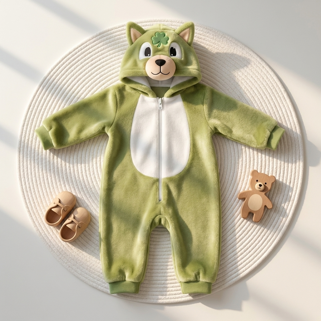 Green cat-inspired hooded plush romper laid flat, featuring pointed ears, smiling face hood, clover applique, White tummy panel and front zip.