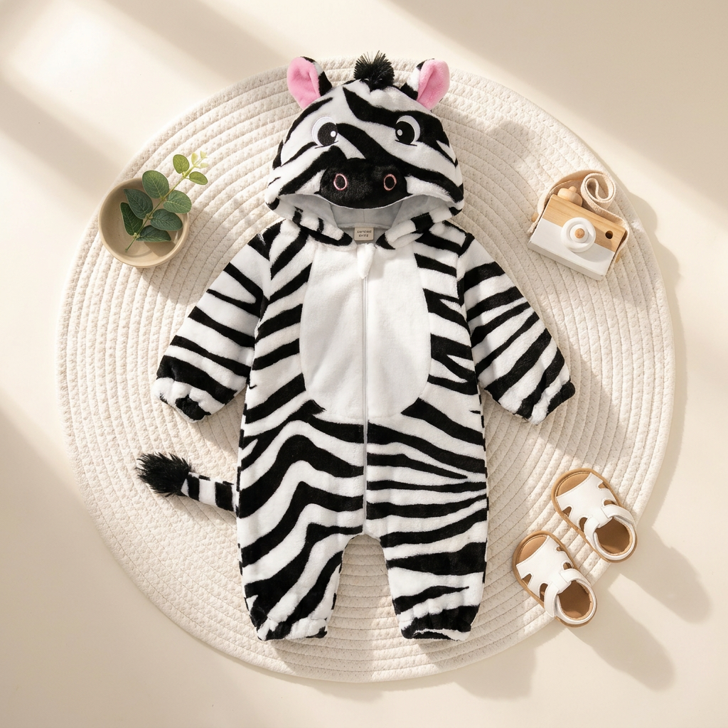 Flat lay of the Black and White zebra hooded plush romper with striped sleeves, White tummy panel, front zip and fluffy Black-tipped tail.