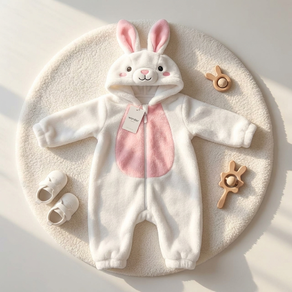 Flat lay of the White and Pink bunny hooded plush romper, featuring upright Pink-lined ears, bunny-face hood, Pink tummy panel and front zip.