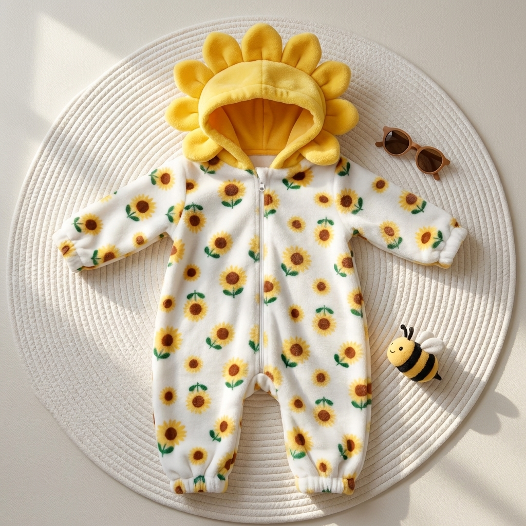 Flat lay of the White sunflower-print plush romper with a large padded Yellow petal hood, front zip and all-over sunflower pattern.