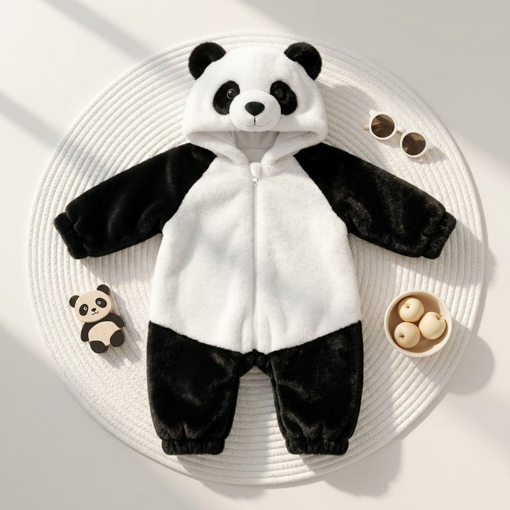 Black and White panda-inspired hooded plush romper laid flat, showing rounded Black ears, panda face hood, contrast White body panel and front zip.