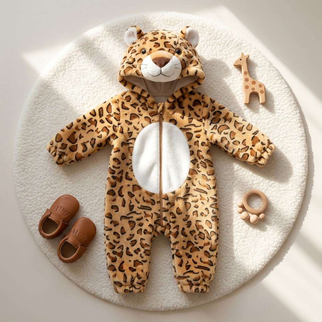 Flat-lay presentation of the Brown leopard-print hooded plush romper, showing the character face hood, White oval tummy panel, zip front and cuffed legs.