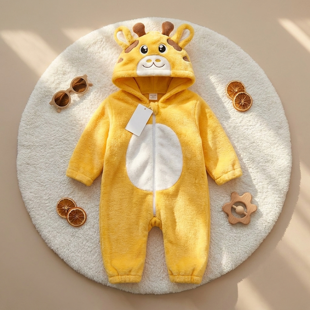Flat lay of the Yellow giraffe-inspired plush hooded romper on a Cream rug, showing the raised ear and horn hood, White tummy panel and zip front.