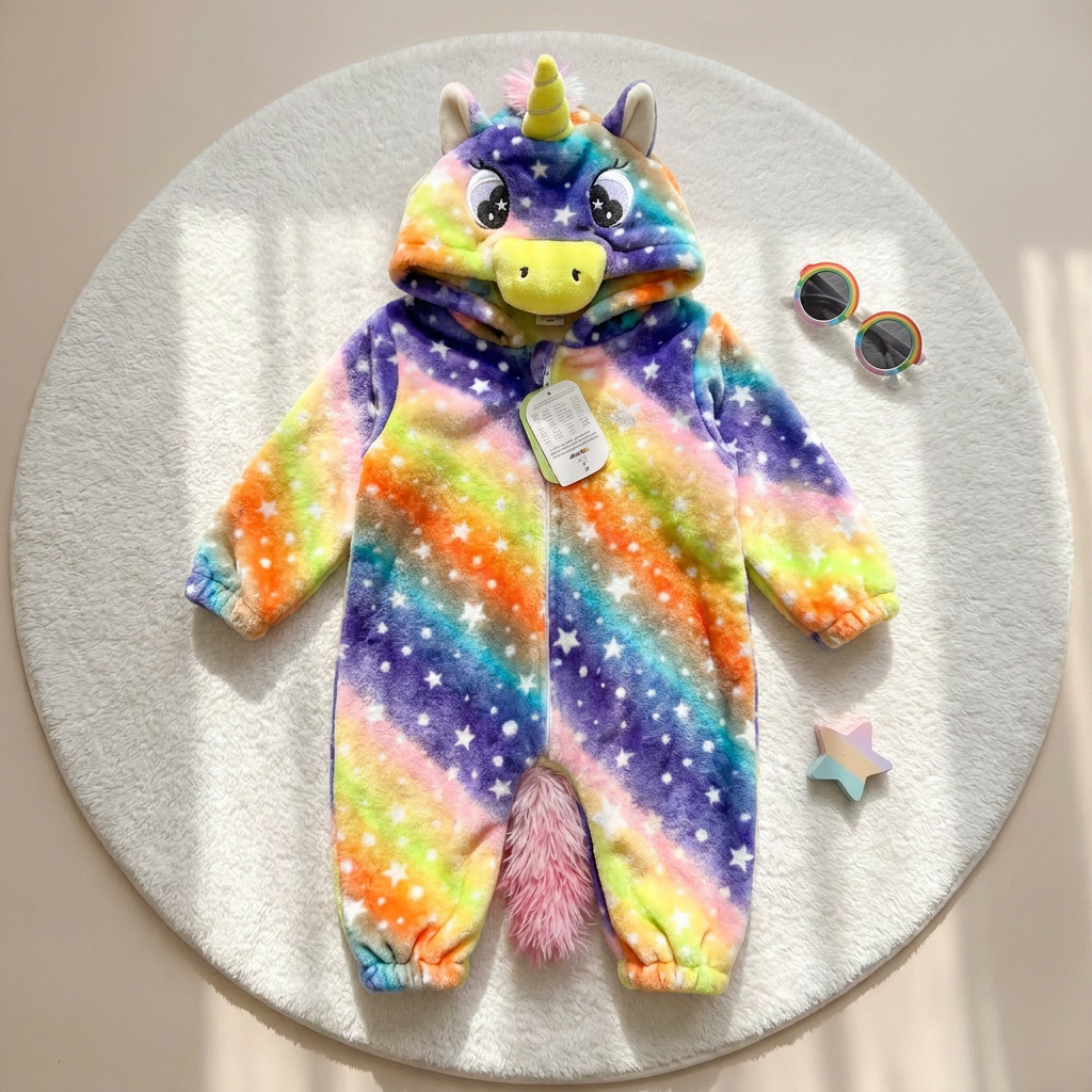 Flat lay of a Purple, Yellow and rainbow unicorn hooded plush romper showing its star print, Yellow snout, striped horn and multicolour tail.