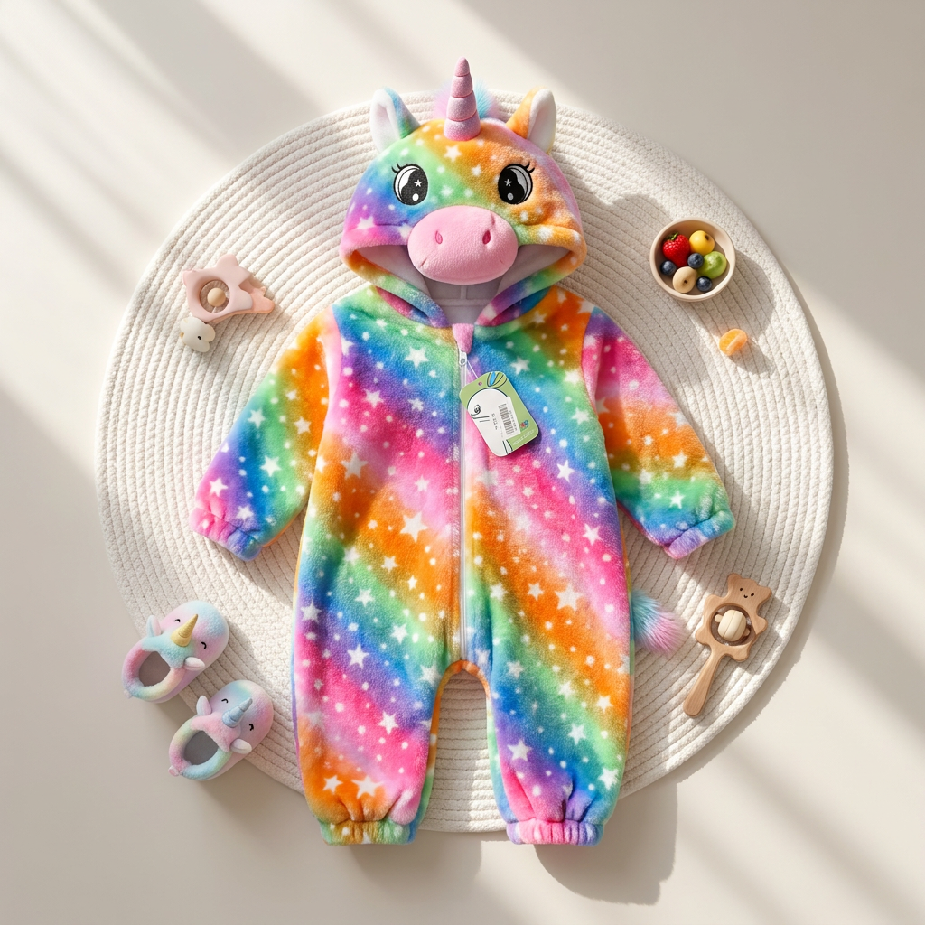 Flat lay of the Pink rainbow unicorn hooded plush romper with White star print, Pink snout, raised ears, horn and centre-front zip.