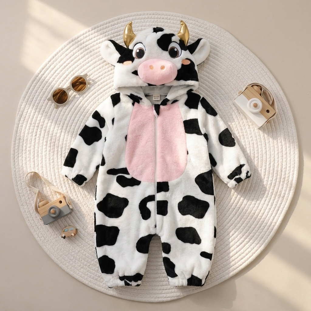 Flat lay of the Black and White cow character plush hooded romper, showing the Pink tummy panel, spotted body, Gold-look horns and front zip.