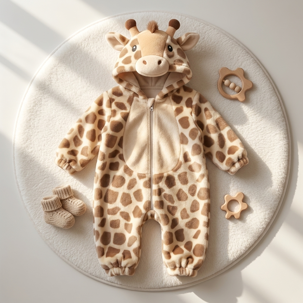 Flat lay of the Brown giraffe-inspired plush hooded romper on a round Cream rug, showing the spotted body, character hood and centre-front zip.