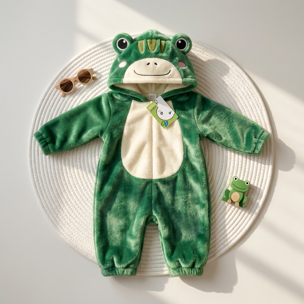 Flat lay of the Green frog character hooded plush romper showing the full-length zip front, Cream tummy panel, cuffed sleeves and ankles.