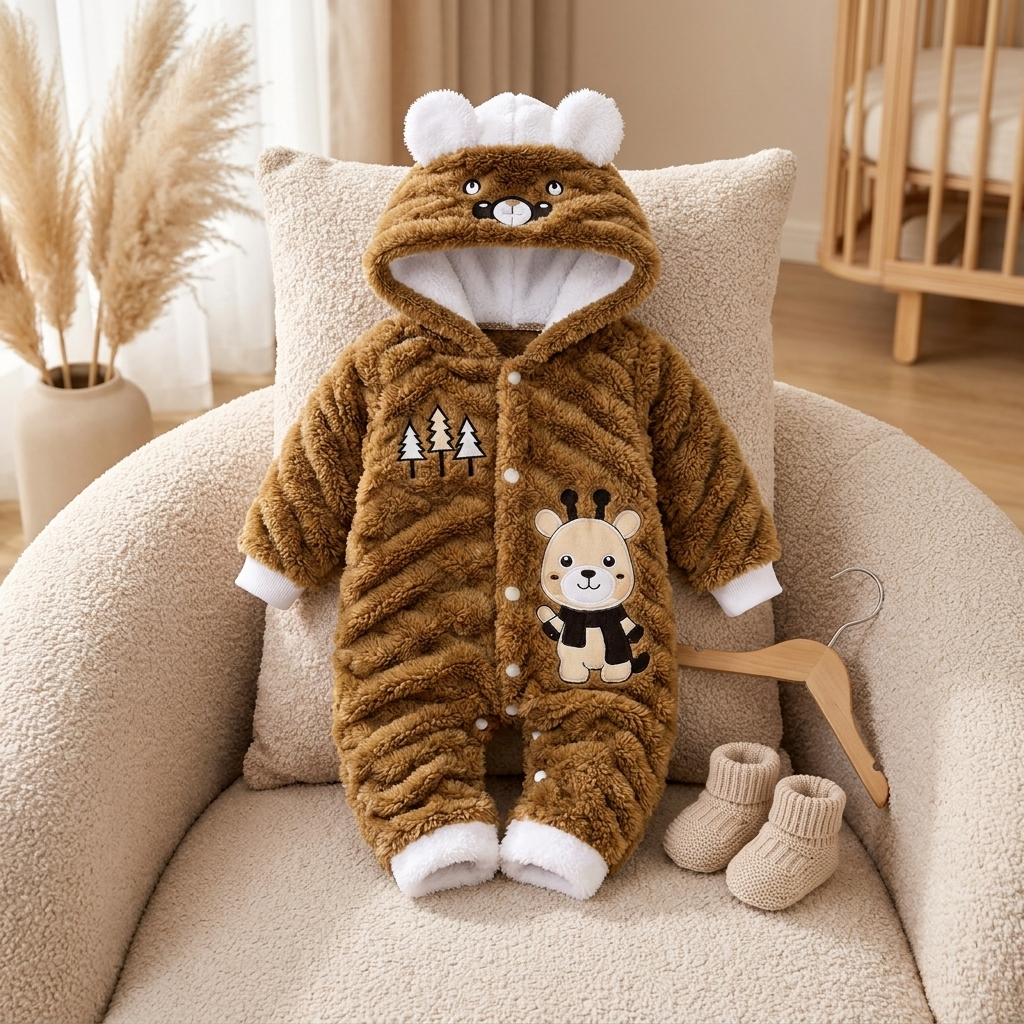 Brown baby shaggy hooded romper displayed upright on a cream chair, with raised White hood ears, bear face, White cuffs and woodland-inspired front details.