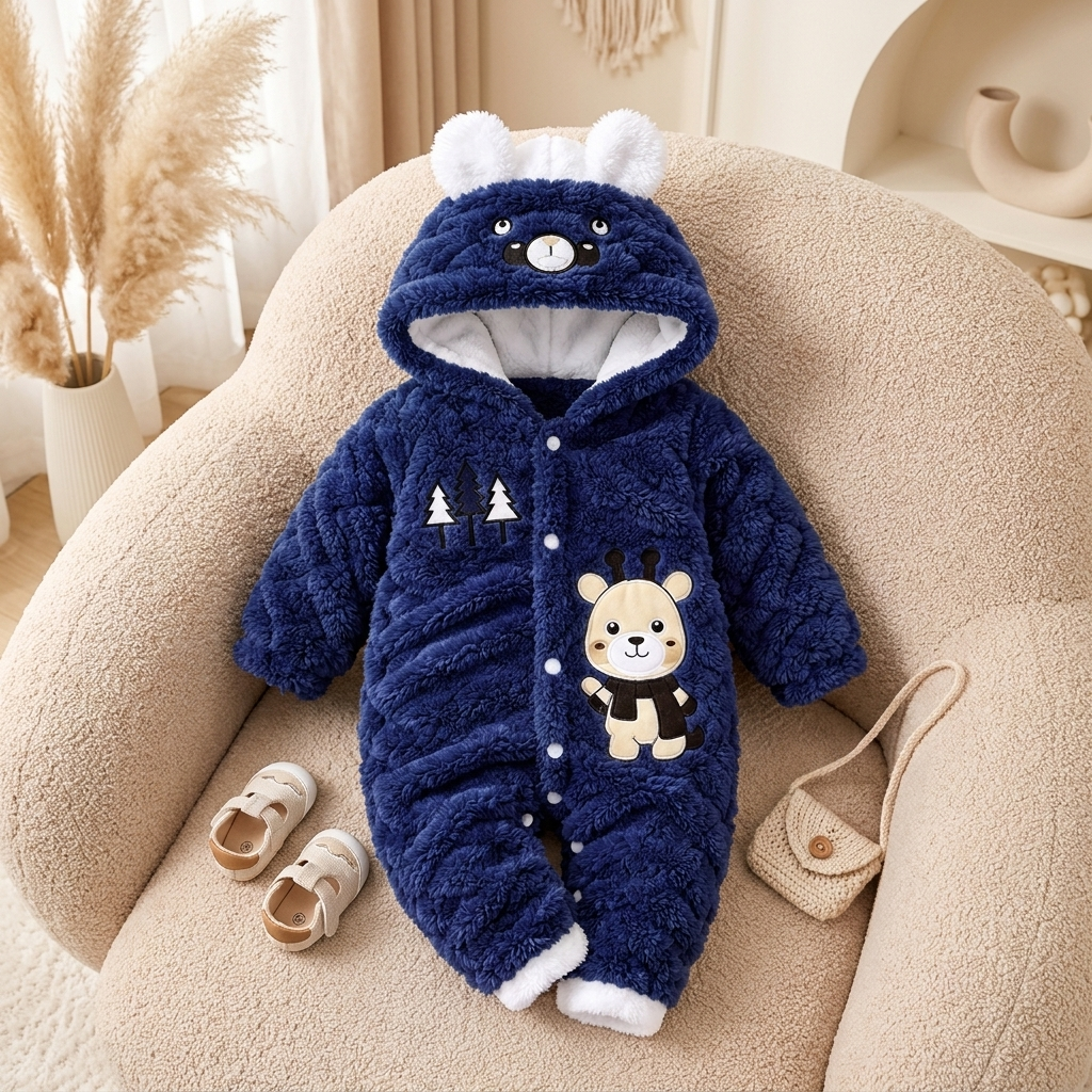 Blue baby shaggy hooded romper styled on a cream armchair, showing the fluffy textured outer, White-lined bear hood, button front and animal applique.