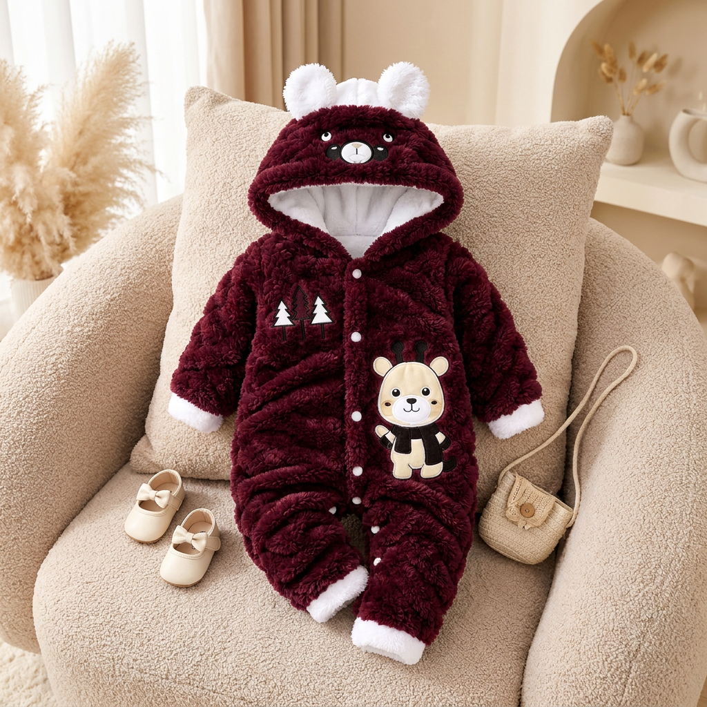Maroon baby shaggy hooded romper displayed on a cream armchair, featuring a White-ear bear-face hood, tree chest applique and animal front patch.