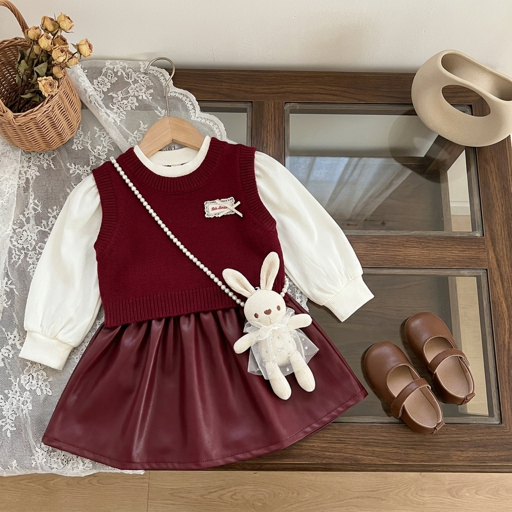 Maroon girls two-piece outfit displayed flat, featuring a ribbed sleeveless sweater over a White puff-sleeve frock with a glossy Maroon flared leather-look skirt.