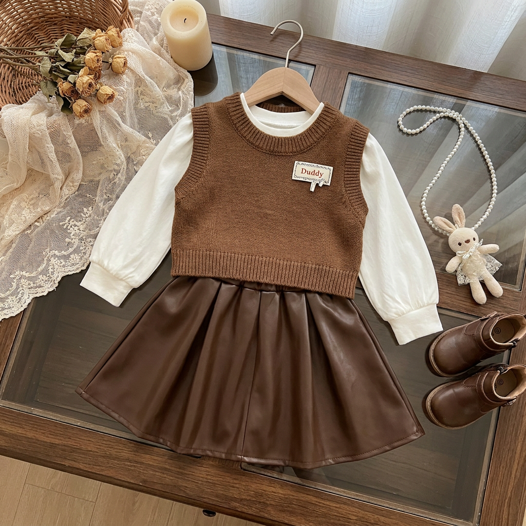 Brown girls knit sweater and frock two-piece set displayed on a hanger, showing the chest patch, White puff sleeves and smooth Brown gathered leather-look skirt.